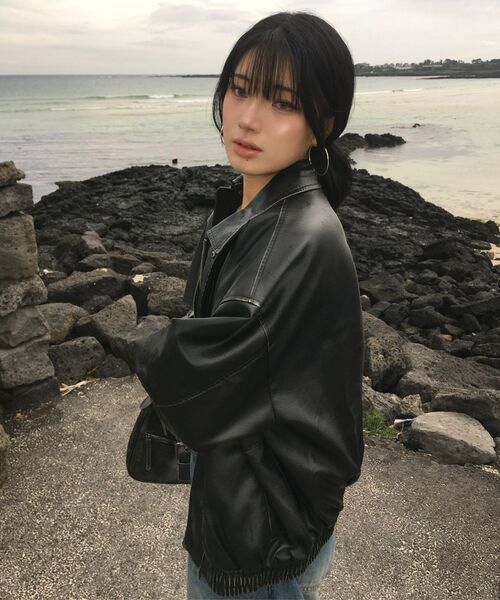 LADY VOLUME（レディーボリューム）の「9181 ヴィンテージウォッシングレザーオーバーサイズジャケット (ブラック)（ライダースジャケット・レディース・その他・FREE）」の3枚目の写真