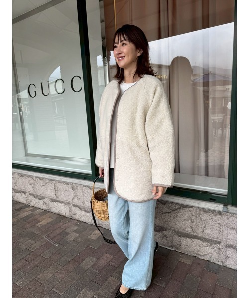 Day and Grade(デイアンドグレイド)の「【前田ゆかセレクト】ボア×キルト リバーシブルコート / ストレッチ・軽量(ノーカラーコート・レディース・アイボリー/ブラック・FREE)」の9枚目の写真