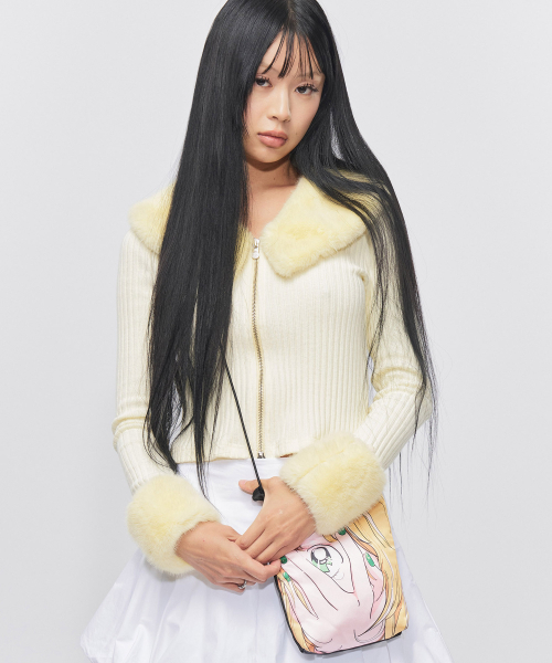 Mini fur golji zip-up cardigan yellow