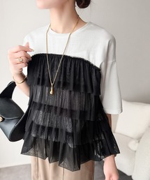 重ねてる風、が今っぽい。ビスチェ風チュールフリルドッキングTシャツ(半袖)