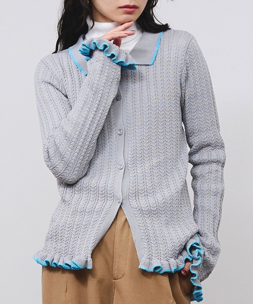 ROSE BUD（ローズバッド）の「RUFFLED KNIT CARDIGAN（カーディガン/ボレロ・レディース・ホワイト/グレー・ONE SIZE）」の2枚目の写真