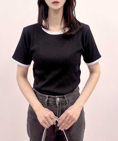 CLOTHY（クロシィ）の「【ベーシックを、ひとさじモードに】テレコバイカラーT（Tシャツ/カットソー・レディース・オフホワイト/ブラウン/ブラック・MEDIUM）」の12枚目の写真