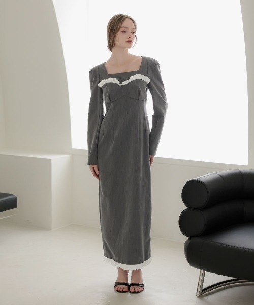 DONOBAN(ドノバン)の「【ANDRESD】frills trim long dress 結婚式 ワンピース パーティードレス オケージョンドレス お呼ばれ 二次会 成人式 同窓会(ドレス・レディース・ブラック/グレー・S/M/L)」の2枚目の写真