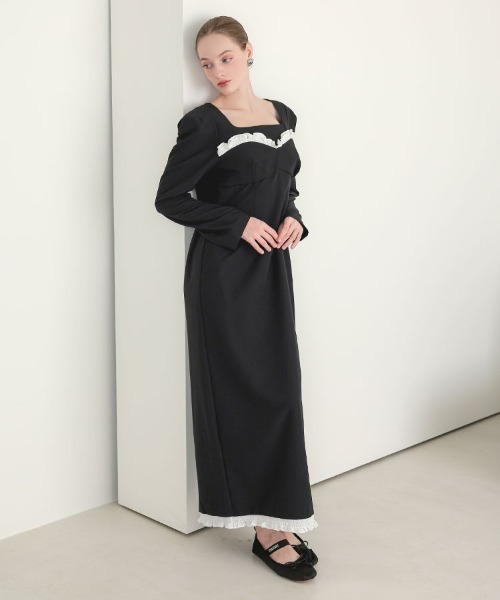 DONOBAN(ドノバン)の「【ANDRESD】frills trim long dress 結婚式 ワンピース パーティードレス オケージョンドレス お呼ばれ 二次会 成人式 同窓会(ドレス・レディース・ブラック/グレー・S/M/L)」の1枚目の写真