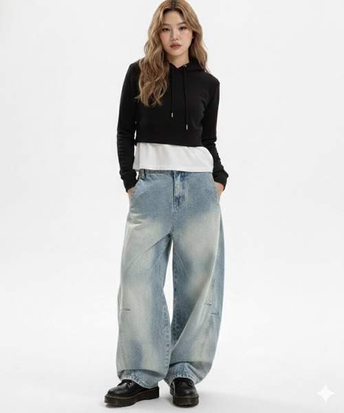 gossip!ロサンゼルス(ゴシップロサンゼルス)の「フェード加工 ワイドレッグデニムパンツ(デニムパンツ・レディース・インディゴブルー・FREE)」の1枚目の写真