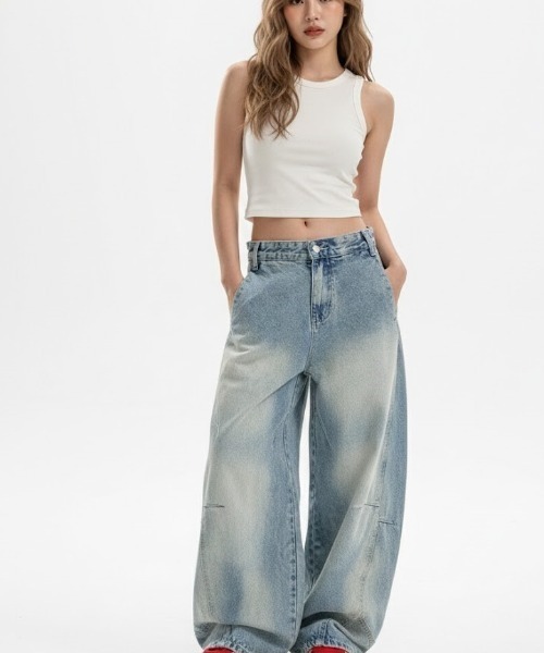 gossip!ロサンゼルス(ゴシップロサンゼルス)の「フェード加工 ワイドレッグデニムパンツ(デニムパンツ・レディース・インディゴブルー・FREE)」の2枚目の写真