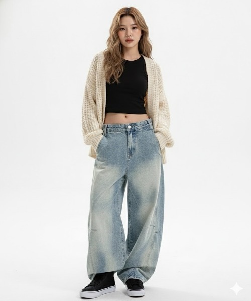 gossip!ロサンゼルス(ゴシップロサンゼルス)の「フェード加工 ワイドレッグデニムパンツ(デニムパンツ・レディース・インディゴブルー・FREE)」の3枚目の写真