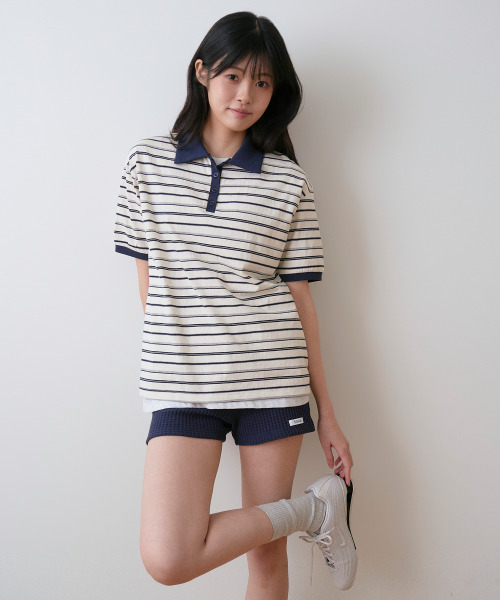 SAYUU(サユ)の「ストライプビスケットカラー半袖Tシャツアイボリー(ポロシャツ・レディース・アイボリー・FREE)」の3枚目の写真