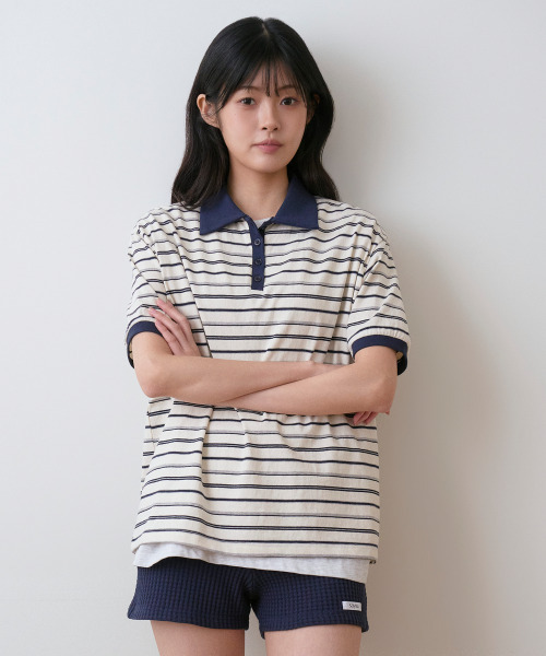 SAYUU(サユ)の「ストライプビスケットカラー半袖Tシャツアイボリー(ポロシャツ・レディース・アイボリー・FREE)」の4枚目の写真
