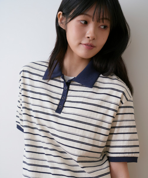 SAYUU(サユ)の「ストライプビスケットカラー半袖Tシャツアイボリー(ポロシャツ・レディース・アイボリー・FREE)」の5枚目の写真