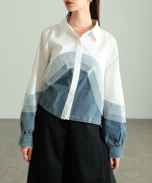 Sawa a la mode（サワアラモード）の「チュールレイヤードデニムドッキングシャツ（シャツ/ブラウス・レディース・ブラック/ホワイト/ブルー・FREE）」の2枚目の写真
