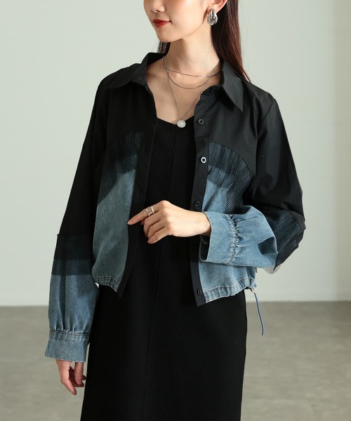 Sawa a la mode（サワアラモード）の「チュールレイヤードデニムドッキングシャツ（シャツ/ブラウス・レディース・ブラック/ホワイト/ブルー・FREE）」の3枚目の写真