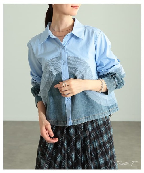 Sawa a la mode（サワアラモード）の「チュールレイヤードデニムドッキングシャツ（シャツ/ブラウス・レディース・ブラック/ホワイト/ブルー・FREE）」の4枚目の写真