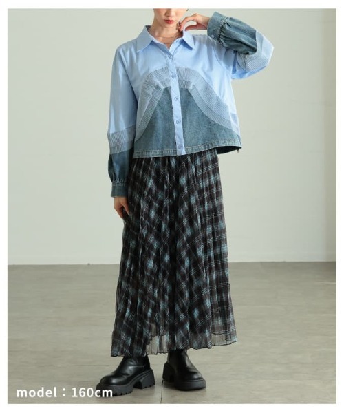 Sawa a la mode（サワアラモード）の「チュールレイヤードデニムドッキングシャツ（シャツ/ブラウス・レディース・ブラック/ホワイト/ブルー・FREE）」の9枚目の写真