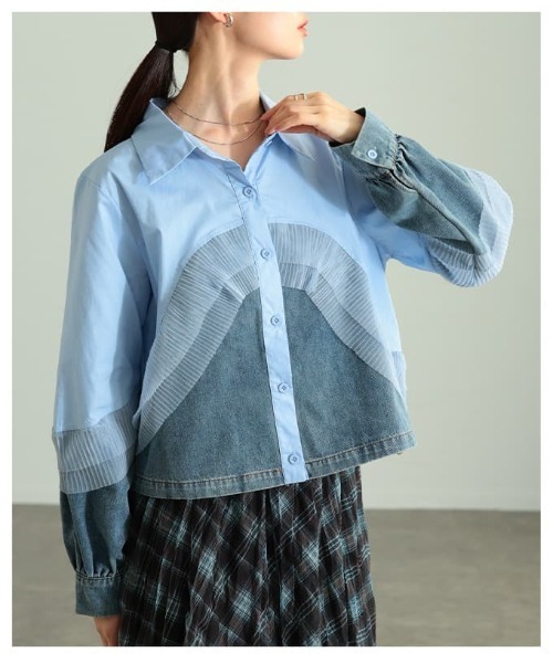 Sawa a la mode（サワアラモード）の「チュールレイヤードデニムドッキングシャツ（シャツ/ブラウス・レディース・ブラック/ホワイト/ブルー・FREE）」の10枚目の写真