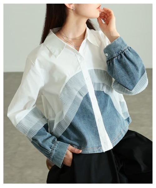 Sawa a la mode（サワアラモード）の「チュールレイヤードデニムドッキングシャツ（シャツ/ブラウス・レディース・ブラック/ホワイト/ブルー・FREE）」の14枚目の写真