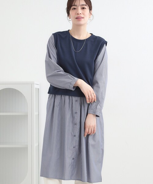 SHOO・LA・RUE(シューラルー)の「【S-LL/体型カバー】ストライプが爽やか ベストドッキングシャツワンピース(ワンピース・レディース・ブラック系4/ネイビー系4/ベージュ系その他7・04/03/02/01)」の3枚目の写真