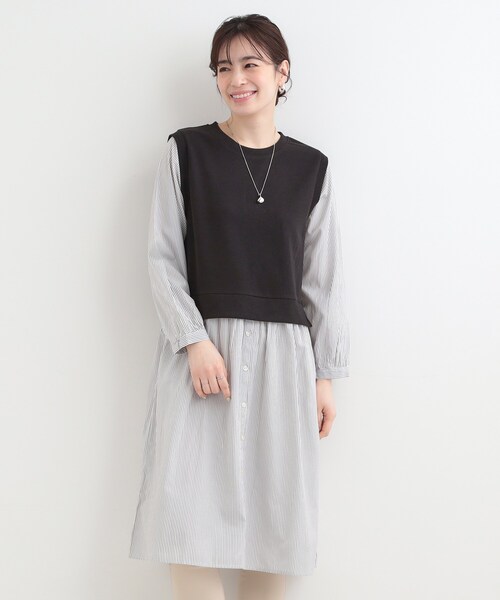 SHOO・LA・RUE(シューラルー)の「【S-LL/体型カバー】ストライプが爽やか ベストドッキングシャツワンピース(ワンピース・レディース・ブラック系4/ネイビー系4/ベージュ系その他7・04/03/02/01)」の4枚目の写真
