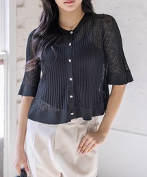 CLEAR BASIC | 裾フリルビジューボタンシアーニットカーディガン［骨格ウェーブ/華奢見え/フレアシルエット/フェミニン］(カーディガン/ボレロ)