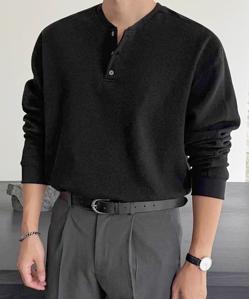 NOWLE(ノウル)の「【NOWLE】3ボタン ヘンリーネック リブ ロンT / ワッフル サーマル(Tシャツ/カットソー・メンズ・グレー/ブラック・MEDIUM/X-LARGE/LARGE)」の14枚目の写真