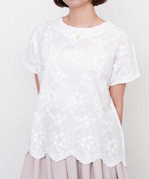 libelle more | 刺繍レース切替プルオーバー 半袖 スカラップ裾(Tシャツ/カットソー)