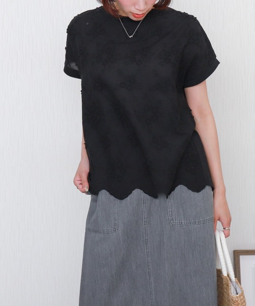 libelle more(リベル モア)の「刺繍レース切替プルオーバー 半袖 スカラップ裾(Tシャツ/カットソー・レディース・パープル/オフホワイト/ブラック/グリーン・L/M)」の17枚目の写真