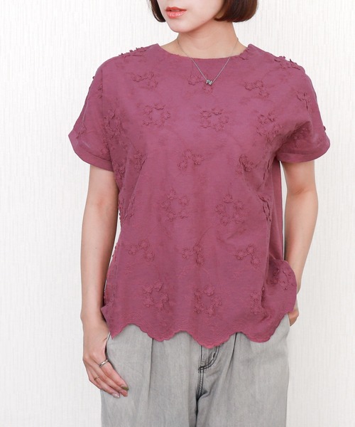 libelle more(リベル モア)の「刺繍レース切替プルオーバー 半袖 スカラップ裾(Tシャツ/カットソー・レディース・パープル/オフホワイト/ブラック/グリーン・L/M)」の22枚目の写真