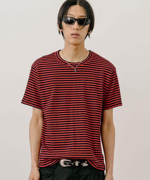  ストライプ Tシャツ 新品 ストライプTシャツ_レッド / ネイビー（Tシャツ/カットソー）｜VASTIC