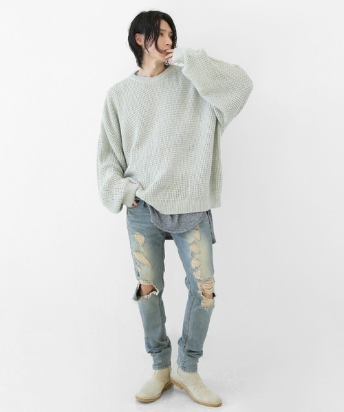 minsobi（ミンソビ）の「ルーズフィット ざっくりふわワイドニットトップス（ニット/セーター・メンズ・ブラック/グレー・FREE）」の11枚目の写真