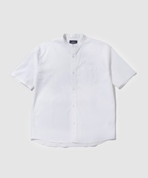 【NAVY / ネイビー】デニムライク バンドカラー 半袖シャツ UV 接触冷感