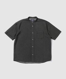【NAVY / ネイビー】デニムライク バンドカラー 半袖シャツ UV 接触冷感