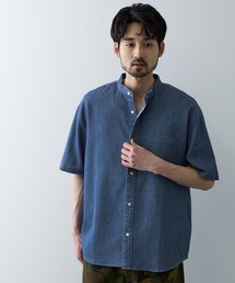 【NAVY / ネイビー】デニムライク バンドカラー 半袖シャツ UV 接触冷感
