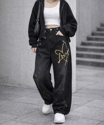 刺繍入り カーブデニムパンツ ワイドジーンズ ユニセックス Bling Leads