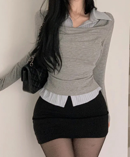 VIVID LADY(ビビッドレディー)の「ドレープネック シャツドッキングトップス(Tシャツ/カットソー・レディース・チャコールグレー/グレー/ブラック・FREE)」の1枚目の写真