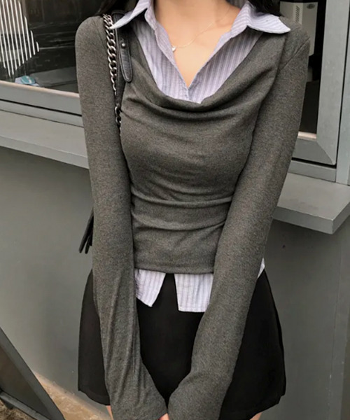 VIVID LADY(ビビッドレディー)の「ドレープネック シャツドッキングトップス(Tシャツ/カットソー・レディース・チャコールグレー/グレー/ブラック・FREE)」の3枚目の写真