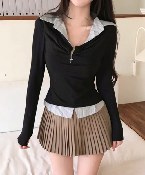 VIVID LADY(ビビッドレディー)の「ドレープネック シャツドッキングトップス(Tシャツ/カットソー・レディース・チャコールグレー/グレー/ブラック・FREE)」の2枚目の写真