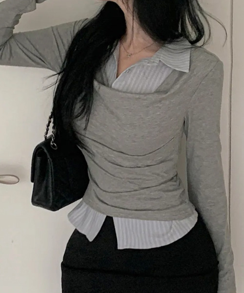 VIVID LADY(ビビッドレディー)の「ドレープネック シャツドッキングトップス(Tシャツ/カットソー・レディース・チャコールグレー/グレー/ブラック・FREE)」の15枚目の写真
