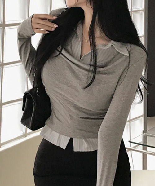 VIVID LADY(ビビッドレディー)の「ドレープネック シャツドッキングトップス(Tシャツ/カットソー・レディース・チャコールグレー/グレー/ブラック・FREE)」の16枚目の写真