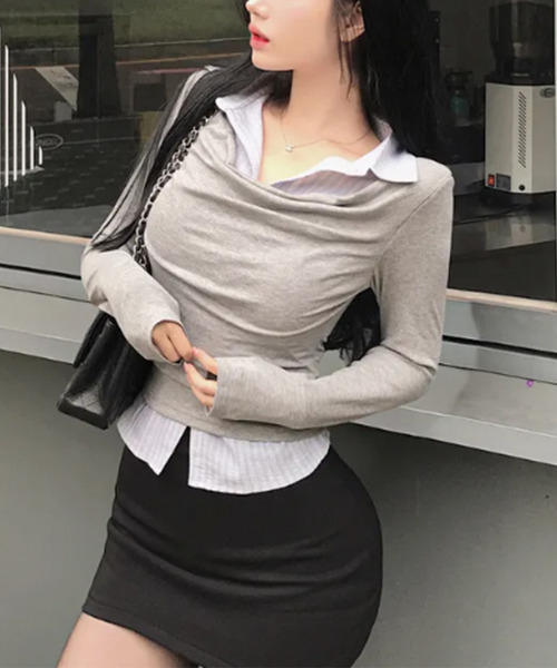 VIVID LADY(ビビッドレディー)の「ドレープネック シャツドッキングトップス(Tシャツ/カットソー・レディース・チャコールグレー/グレー/ブラック・FREE)」の18枚目の写真