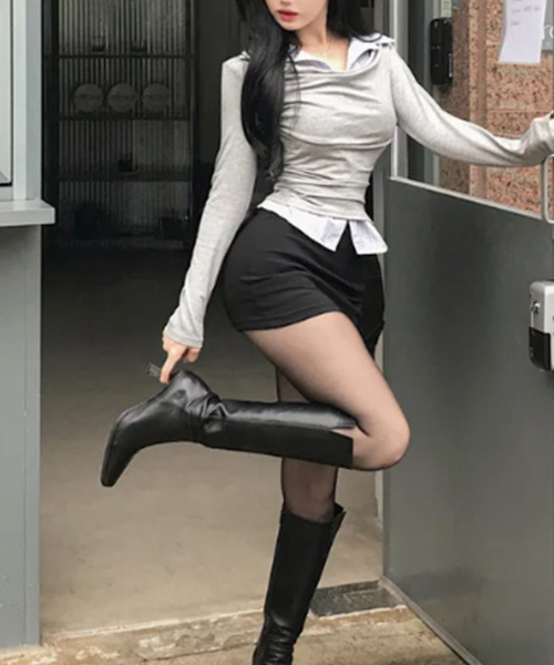 VIVID LADY(ビビッドレディー)の「ドレープネック シャツドッキングトップス(Tシャツ/カットソー・レディース・チャコールグレー/グレー/ブラック・FREE)」の19枚目の写真