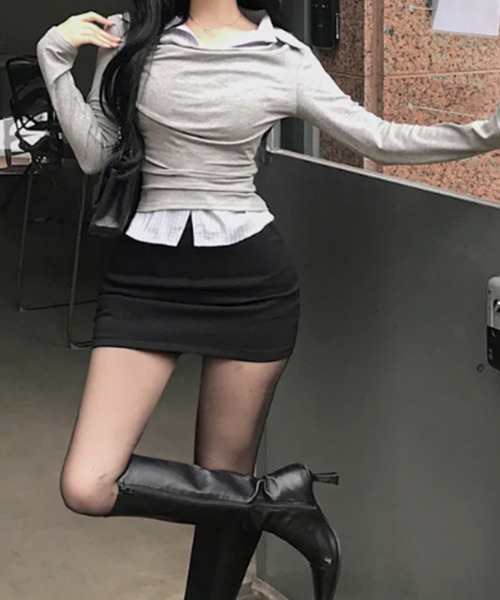 VIVID LADY(ビビッドレディー)の「ドレープネック シャツドッキングトップス(Tシャツ/カットソー・レディース・チャコールグレー/グレー/ブラック・FREE)」の20枚目の写真