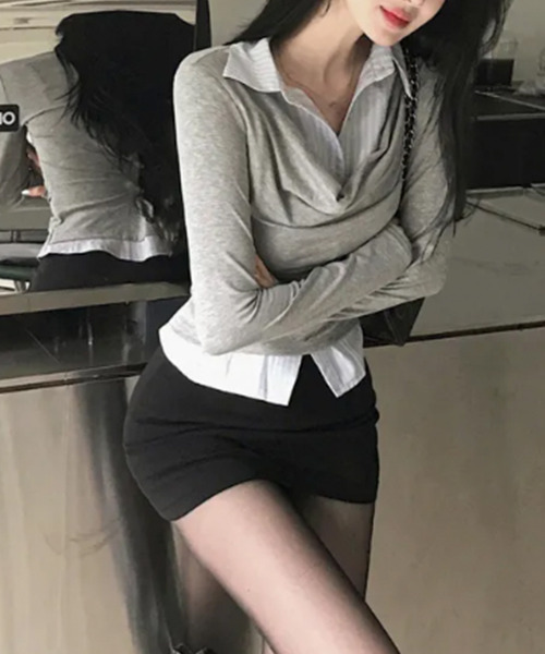 VIVID LADY(ビビッドレディー)の「ドレープネック シャツドッキングトップス(Tシャツ/カットソー・レディース・チャコールグレー/グレー/ブラック・FREE)」の21枚目の写真