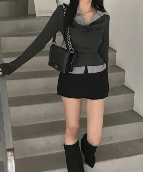 VIVID LADY(ビビッドレディー)の「ドレープネック シャツドッキングトップス(Tシャツ/カットソー・レディース・チャコールグレー/グレー/ブラック・FREE)」の4枚目の写真