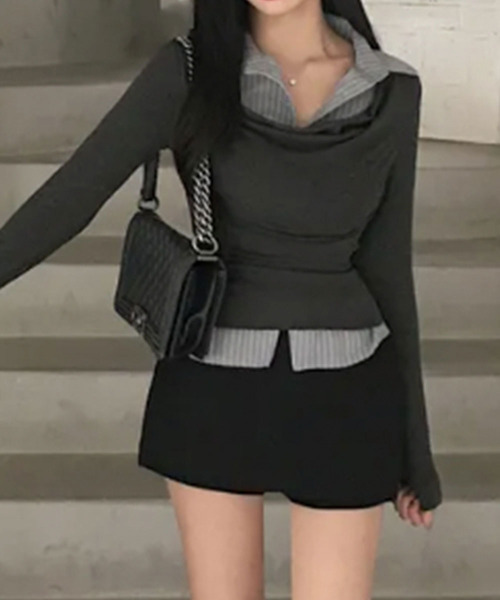 VIVID LADY(ビビッドレディー)の「ドレープネック シャツドッキングトップス(Tシャツ/カットソー・レディース・チャコールグレー/グレー/ブラック・FREE)」の5枚目の写真