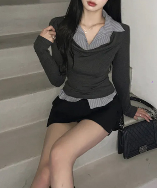 VIVID LADY(ビビッドレディー)の「ドレープネック シャツドッキングトップス(Tシャツ/カットソー・レディース・チャコールグレー/グレー/ブラック・FREE)」の6枚目の写真