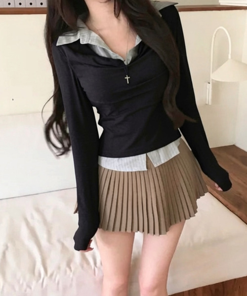 VIVID LADY(ビビッドレディー)の「ドレープネック シャツドッキングトップス(Tシャツ/カットソー・レディース・チャコールグレー/グレー/ブラック・FREE)」の8枚目の写真