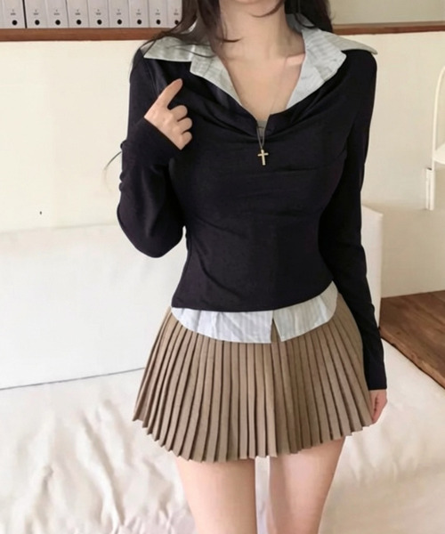 VIVID LADY(ビビッドレディー)の「ドレープネック シャツドッキングトップス(Tシャツ/カットソー・レディース・チャコールグレー/グレー/ブラック・FREE)」の9枚目の写真