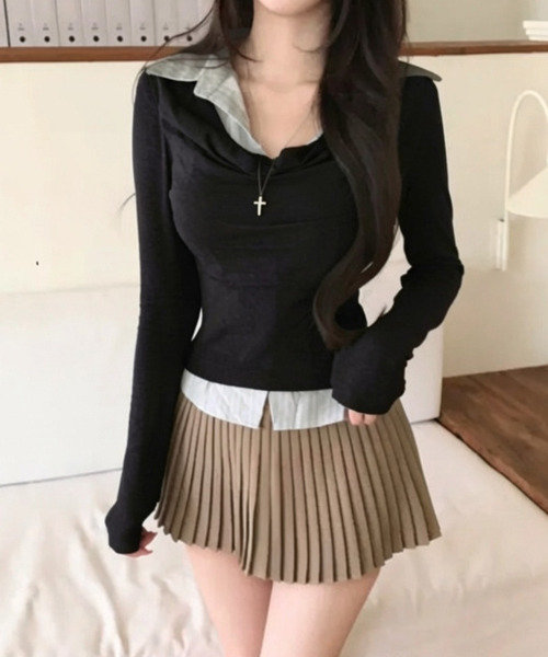 VIVID LADY(ビビッドレディー)の「ドレープネック シャツドッキングトップス(Tシャツ/カットソー・レディース・チャコールグレー/グレー/ブラック・FREE)」の11枚目の写真