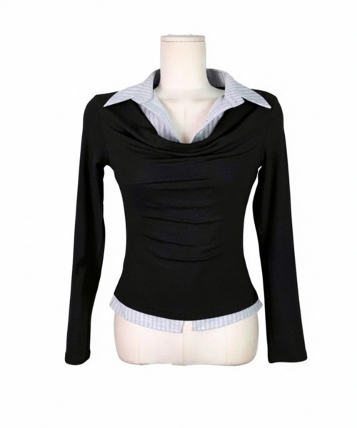 VIVID LADY(ビビッドレディー)の「ドレープネック シャツドッキングトップス(Tシャツ/カットソー・レディース・チャコールグレー/グレー/ブラック・FREE)」の14枚目の写真