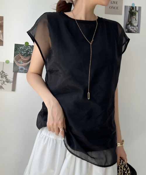 Eclat one(エクラワン)の「1枚で最旬レイヤード。チュールドッキングフレンチスリーブTシャツ(Tシャツ/カットソー・レディース・オフホワイト/ベージュ/ブラック・FREE)」の10枚目の写真